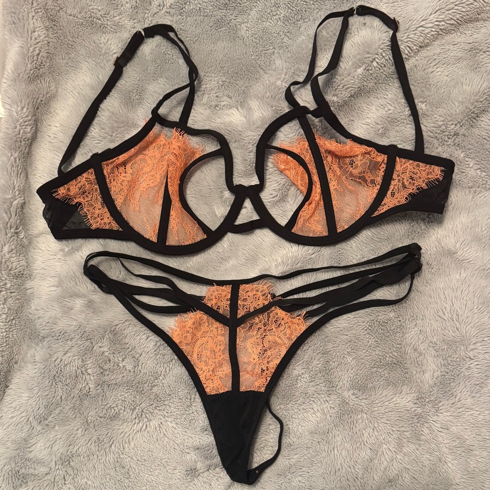 Bluebella Orange Coral and Black Lace Cutout Strappy Bra and Panties Set